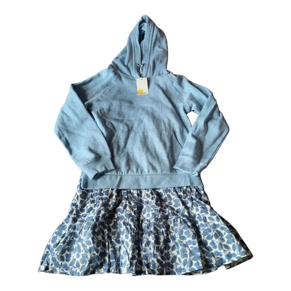 Boden Light Blue Hoodie Dress with Floral Skirt